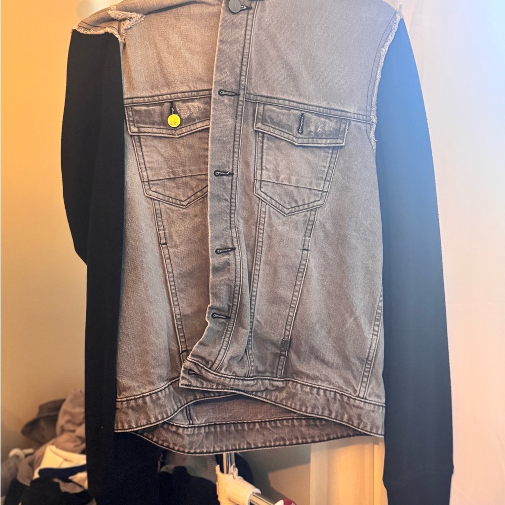 Calvin Klein Men's Gray Denim Jacket with Black Sleeves